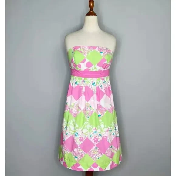 Lilly Pulitzer Strapless Mini Dress Womens Sz 2 Pink Green Island Diamond - Picture 2 of 14